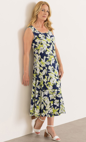 Anna Rose Floral Print Sleeveless Midi Dress - Midnight/Lime