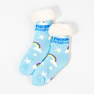 Stay Cosy 'F*cking Fabulous' Rainbow Sky Blue Fluffy Winter Socks 
