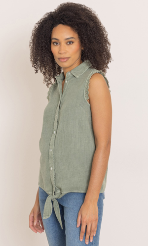 Stone Wash Cotton Tie Top - Khaki