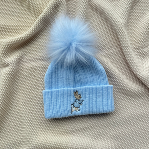 Blue Rabbit Ribbed Fur Pom Hat