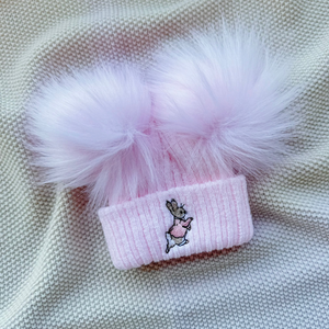 Pink Rabbit Ribbed Double Fur Pom Hat