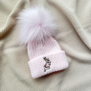 Pink Rabbit Ribbed Fur Pom Hat