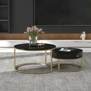Round Nesting Coffee Tables with Storage Drawer, Gold Metal Frame, Marble Pattern Top, Sofa Side Table for Living Room, Bedroom, Office, Black