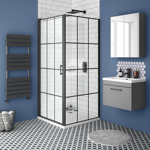 Arezzo 800 x 800 Matt Black Grid Frameless Pivot Door Shower Enclosure + Tray Left Hand Option