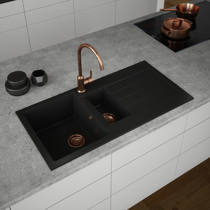 Bower 1.5 Bowl Matt Black Composite Kitchen Sink + Chrome Wastes