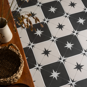 Elba Black Inverse Star Patterned Wall &amp; Floor Tiles - 223 x 223mm