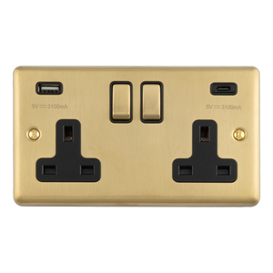 Ellis & Co Twin Plug Socket with USB Type A & C - Brushed Brass / Black Trim