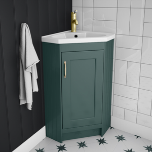 Chatsworth Traditional Green Corner Vanity Unit with Antique Brass Handle