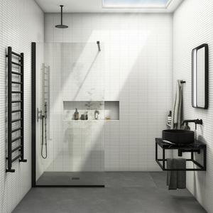 Arezzo Square Matt Black Frameless 10mm Wetroom Screen with Wall Mounted Arm 1200mm