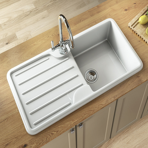 Venice 1.0 Bowl Traditional White Gloss Composite Kitchen Sink + Chrome Waste