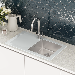 Bower White Glass 860 x 500mm Stainless Steel 1.0 Bowl Kitchen Sink Left Hand