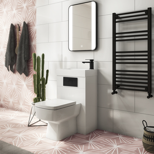 Brooklyn White Gloss Combined Two-In-One Wash Basin, Toilet &amp; Matt Black Flush Plate (500mm wide x 300mm)