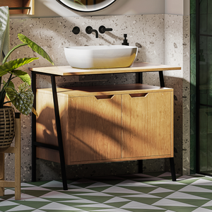 Huxley Oak &amp; Matt Black 900mm Countertop Vanity Unit with Rectangular Gloss White Basin