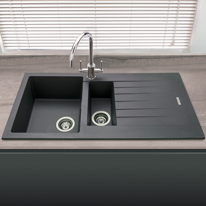 Venice 1000 x 500mm Granite Black 1.5 Bowl Kitchen Sink with Drainer + Waste