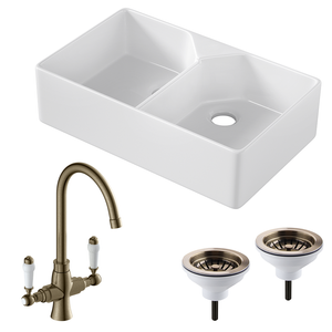 Bower Fireclay Kitchen Bundle - Double Bowl Belfast Sink 795mm, Wastes & Classic Dual Lever Tap - Antique Brass