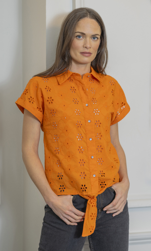 Embroidered Tie Front Cotton Shirt - Tangerine