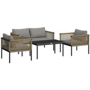 Outsunny Conjunto de Muebles de Jardín 4 Piezas con Sofá Sillones Mesa de Centro y Cojines Natural y Gris