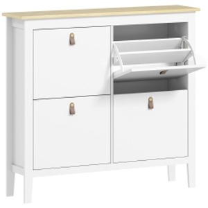 HOMCOM Zapatero Estrecho con 4 Compartimentos y Tiradores de Cuero PU para Pasillo y Recibidor 105x24x95,5 cm Blanco y Madera