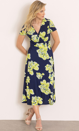 Bold Floral Printed Short Sleeve Midi Dress - Midnight/Lime