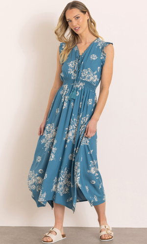 Printed Smocked Waist Dipped Hem Maxi Dress - Dark Aqua