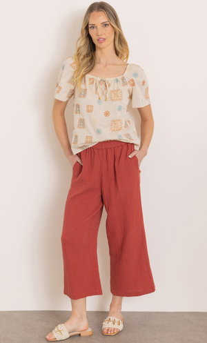 Wide Leg Cropped Cotton Pull On Trousers - Rust