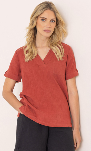 Short Sleeve Cotton V Neck Top - Rust