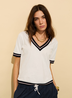 Hal Organic V-Neck Tee - UK 14 | EU 40 | US 10 / Pure White, Navy & Powder Pink