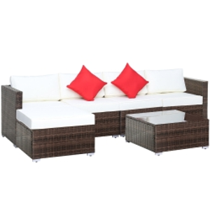 Outsunny 6 Pieces Outdoor Rattan Corner Sofa Set - Patio Aluminium Frame with All-Weather Wicker Conversation Furniture, Coffee Table & Cushions, Cream White
