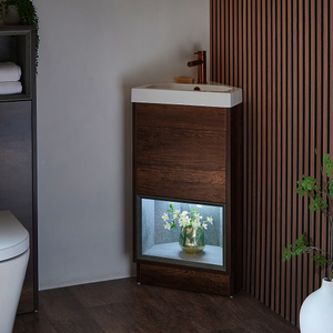 Milano Bexley - Dark Oak 450mm Modern Open Shelf Cloakroom Corner Vanity Unit with Basin and LED Light