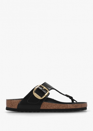 Gizeh Big Buckle High-Shine Black Leather Toe Post Sandals
