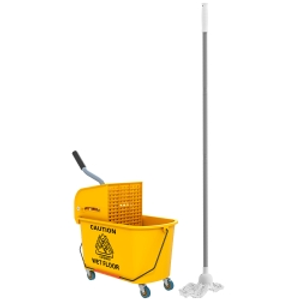 HOMCOM Mop Bucket with Wringer Set on Wheels for Floor Cleaning, 20 Litre Side Press Wringer with Handle and Mop, Yellow