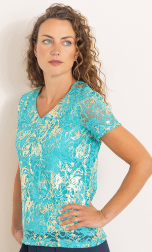 Anna Rose Foil Print Short Sleeve Lace Top - Seabreeze