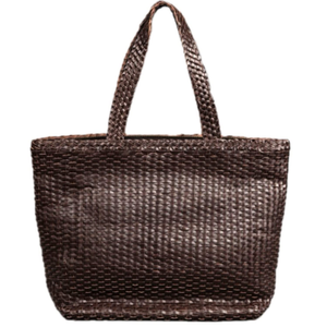 Large Woven Leather Tote Shopping Bag - Dark Brown