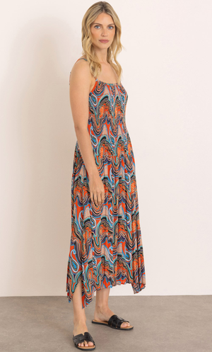 Printed Dipped Hem Pleated Maxi Dress - Rust/Blue