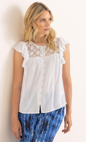 Short Sleeve lace Trim Blouse - White
