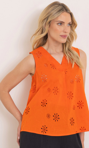 Floral Eyelet Embroidered Sleeveless Cotton Top - Neon/Orange