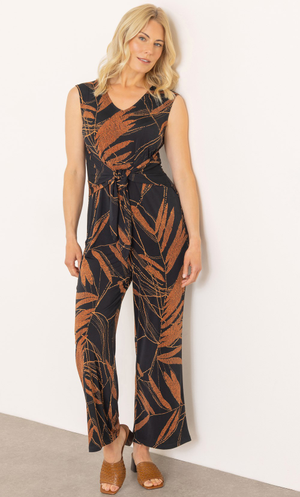 Printed Wide Leg Jersey Jumpsuit - Black/Brown