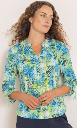 Anna Rose Printed Tie Sleeve Jersey Top - Green/Multi
