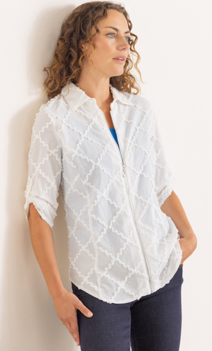 Anna Rose Zip Up Cotton  Blouse - White