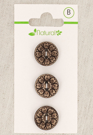 Carte de 3 boutons en bois naturel 15 mm 2 trous - Arabesques