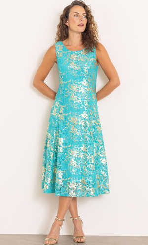Anna Rose Foil Print Sleeveless Lace Dress - Seabreeze