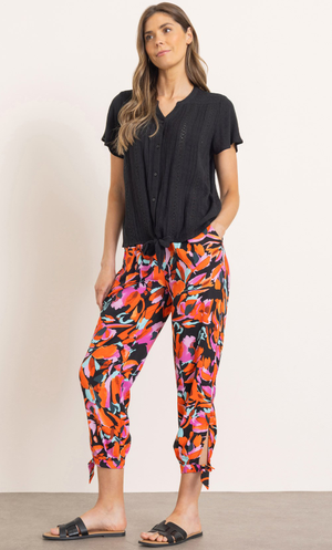Printed Tie Hem Crop Trousers - Black/Red/Pink