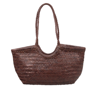 Hand Weaving Leather Bucket 'Evelina' - Dark Brown