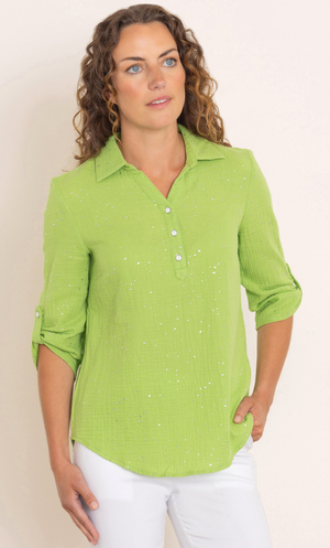 Anna Rose Shimmer Splash Textured Cotton Top - Green