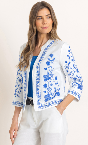 Embroidered Button Jacket - White/Blue