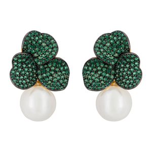 Iris Flower And Pearl Dangle Earrings Emerald Gold