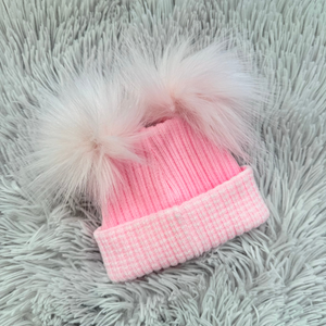 First Size Bright Pink Ribbed Fur Double Pom Hat