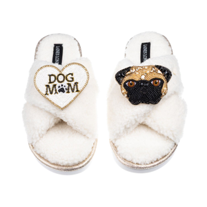 Laines Netural Boucle Slippers With Franki Fawn Pug & Dog Mum / Mom Brooches - Cream (L)