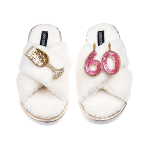 Laines Neutral Boucle Slippers With 60Th Birthday & Champers Brooches - Cream (S)