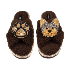 Laines Neutral Boucle Slippers With Minnie The Yorkie & Paw Brooches - Chocolate (M)